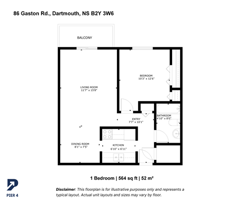 Floor plan for 1 bed, 1 bath